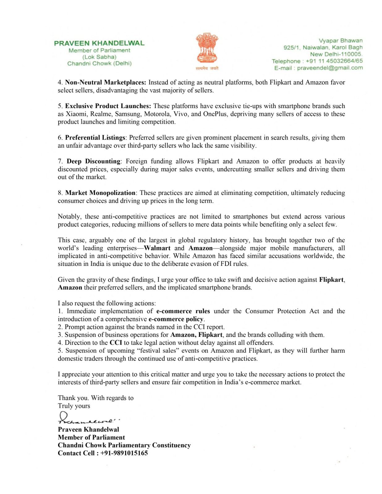 Praveen Khandelwal Letter to Piyush Goyal